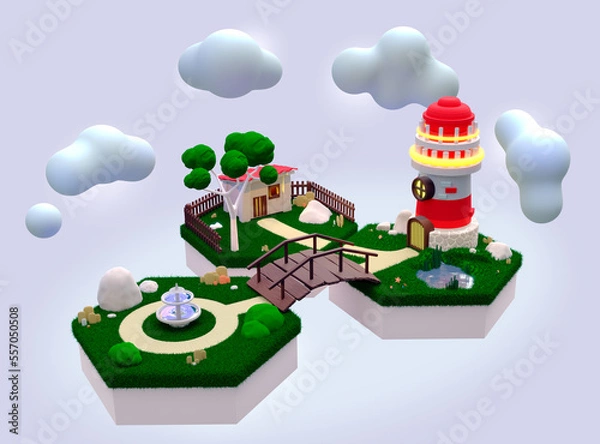 Obraz 3D Conceptual illustration. Islands with a lighthouse and a park.