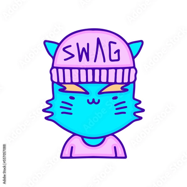 Obraz Hype cat wearing beanie hat doodle art, illustration for t-shirt, sticker, or apparel merchandise. With modern pop and kawaii style.