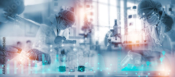 Obraz Double exposure microscope and Young woman scientific using equipment in the laboratory for research.Biotechnology,development,chemical,vaccine,COVID-19. Photo concept experimentation and research.