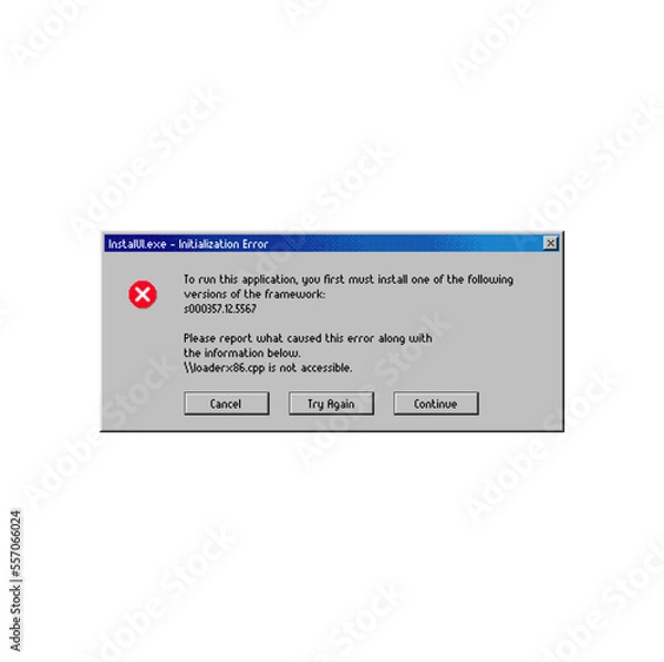 Fototapeta Error message window, application installation, vector PC popup notification. Install run and initialization error message window for computer framework with buttons to Cancel, Continue and Try Again