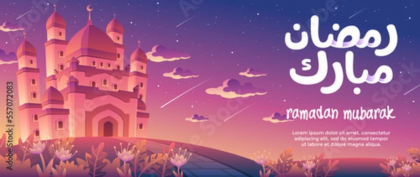 Fototapeta Landscape illustration of Ramadan Mubarak With A Magnificent Mosque At Dusk Decorated With Many Falling Stars. Good for greeting card, banner, or other templates	