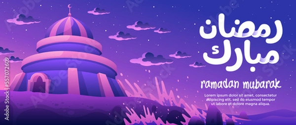 Fototapeta Landscape illustration of Ramadan Mubarak With A Modern Mosque By The Beach And Waves Crashing On The Rocks. Good for greeting card, banner, or other templates	
