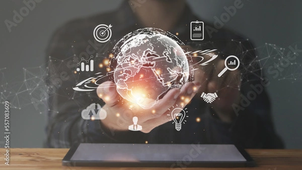 Fototapeta Men's Virtual Mobile Global Internet Connection Metaverse Business Technology Application Global Internet Connection and Digital Marketing, Finance & Banking, Digital Link Technology, Big Data