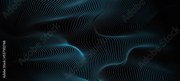 Fototapeta Abstract dotted wave line particles of bright blue design element on dark black background. Modern technology futuristic concept. Vector illustration