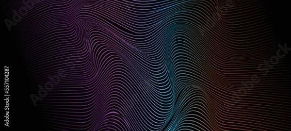 Fototapeta Abstract dotted wave line particles of bright green blue purple design element on dark black background. Modern technology futuristic concept. Vector illustration