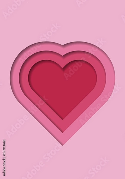 Fototapeta Red paper cut out heart shape pattern in layers. 3D gradient background. Trend color year 2023, viva magenta. Design element for card, cover, banner, poster, backdrop, wall. Vector illustration.