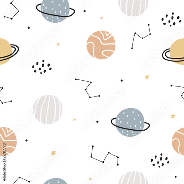 Fototapeta Hand drawn space seamless pattern. Funny colorful planets on a white background. Nursery design of fabric, packaging, labels. Cartoon space. Doodle style.