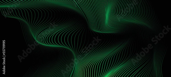 Fototapeta Abstract dotted wave line particles of dark green design element on dark black background. Modern technology futuristic concept. Vector illustration
