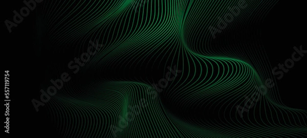 Obraz Abstract dotted wave line particles of dark green design element on dark black background. Modern technology futuristic concept. Vector illustration