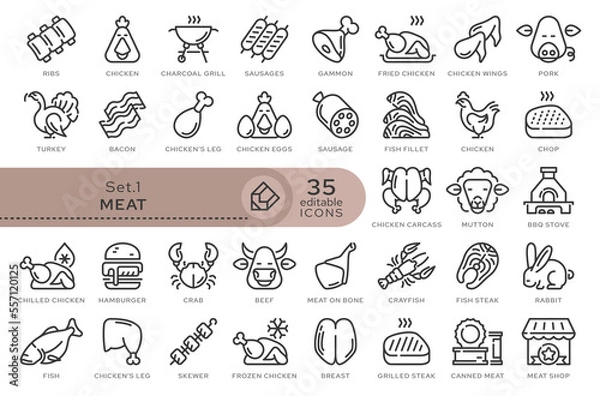 Fototapeta Set of conceptual icons. Vector icons in flat linear style for web sites, applications and other graphic resources. Set from the series - Meat. Editable outline icon.	
