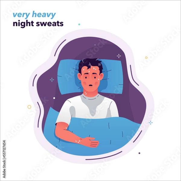 Fototapeta Vector illustration of a guy lying in bed with flu symptoms. The man woke up covered in sweat. Illustration of the symptoms of profuse night sweats. Very heavy sweating during sleep. Cold symptoms.