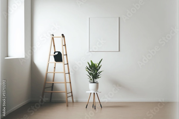 Fototapeta A minimalistic bright room with a wooden ladder. AI produced