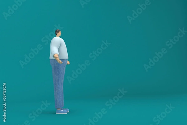 Fototapeta cartoon character wearing jeans and  long shirt. He is expression  of body and hand when talking. 3d rendering in acting.