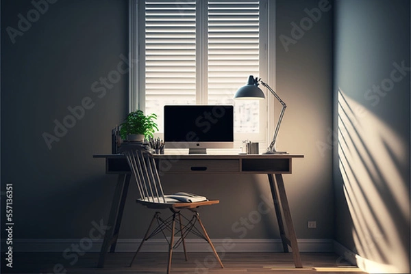 Fototapeta Minimalistic office cabin with computer and chair. AI produced