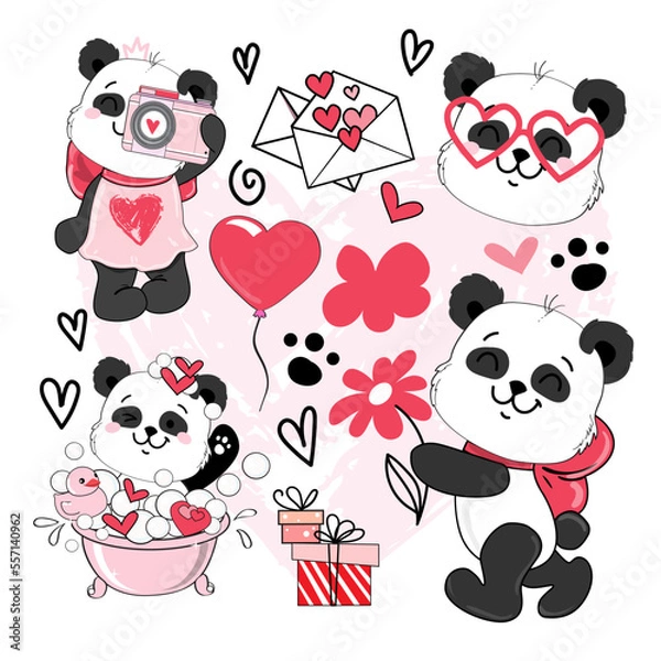 Fototapeta Draw cute panda set in kawaii style. Valentine's Day card. Vector illustration cartoon doodle style for children