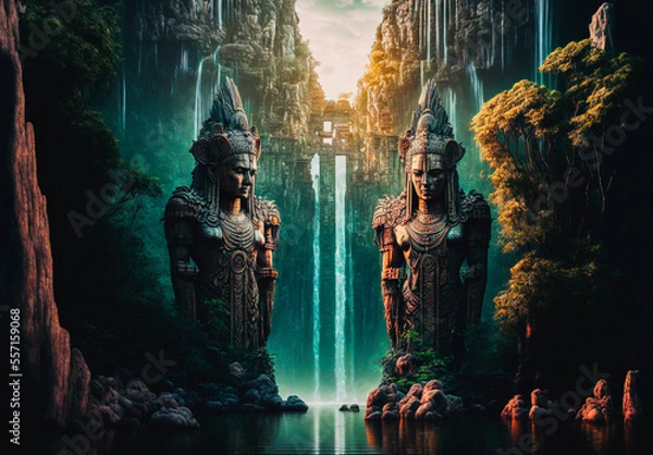 Obraz Giant aztec or maya statue guardian next to water in a tropical rainforest environment landscape
