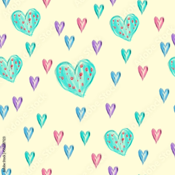 Obraz seamless pattern of crayon colorfull hearts on yellow background, hand drawn scattered hearts