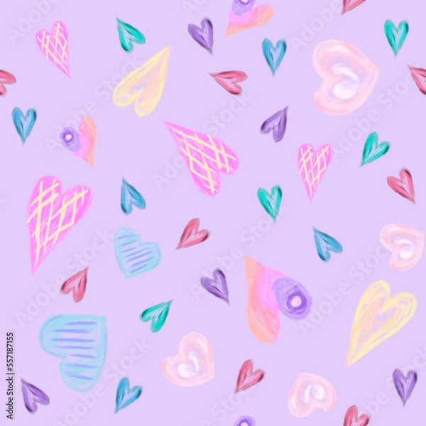 Fototapeta seamless pattern of scattered colorfull hearts on lavender background, childish drawing by crayons