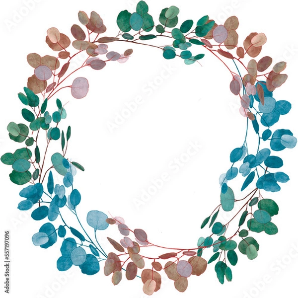 Obraz Hand-drawn watercolor round frame or wreath of eucalyptus branches on a transparent. The high quality clip art for  postcards, samples, prints, congratulations and more. PNG file 6000x6000 px.