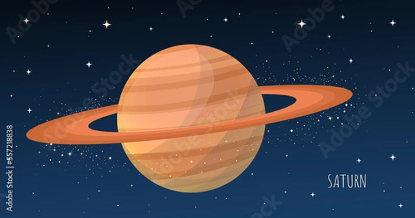 Fototapeta Saturn planet with Rings. Collection of Planets of solar system. Cartoon style vector illustration isolated on white background. Space galaxy background cartoon universe, cosmos dust scenery.