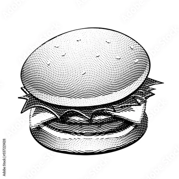 Fototapeta Scratchboard Engraved Burger on White Background