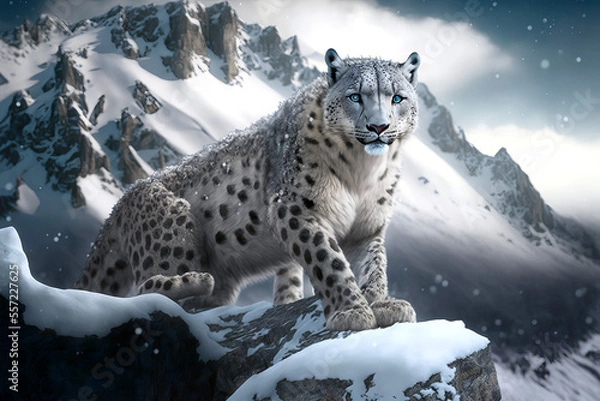 Obraz An illustration of a rare snow leopard roaming on Mount Everest at 18,000 ft 
generative ai