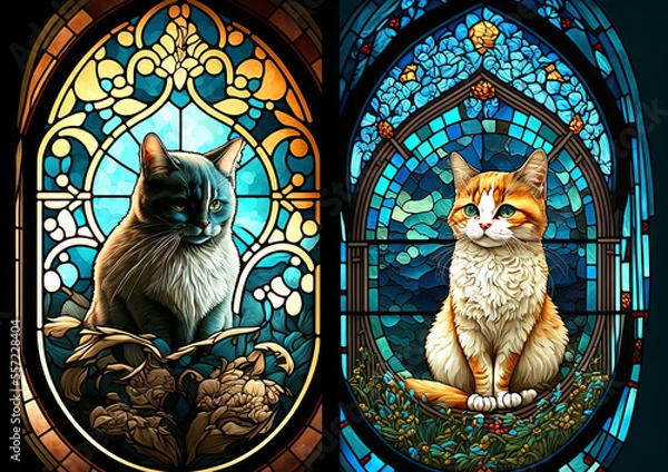 Fototapeta Stained Glass Windows with Cats in the window.
Generative ai