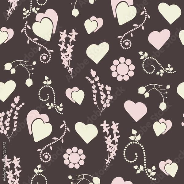 Fototapeta Decorative seamless pattern with spirals, flowers, plants and hearts. Folk style. Textiles, printed matter, bedding, packaging design and wallpaper.