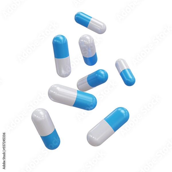 Fototapeta White and blue capsules isolated on transparent background. 3d render. PNG. Tablets, medicine concept. 3D rendering, ui, ux. Pills. Health