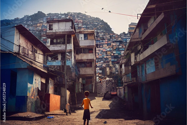 Fototapeta Overcrowded slums with multi-story square houses and shops built with wood and bricks. Digital oil painting, Made by AI, Artificial intelligence