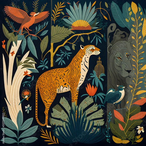 Fototapeta Jungle animals set pattern illustration, flat colorful design, granular texture