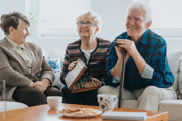 Obraz Senior friends sit on the sofa in the living room and play chess in a nursing home