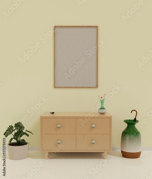 Fototapeta modern hallway with commode cabinet and empty frame on wall, vase with umbrella. mock up, template, 3d render illustration