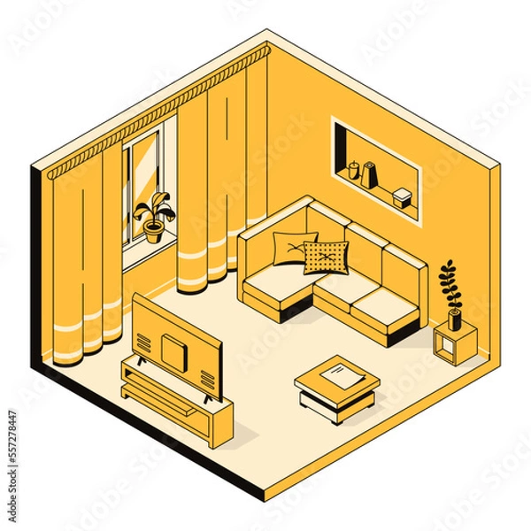 Fototapeta 3d living room, interior design concept, furniture arrangement. Indoor environment of home, flat, house space. Apartment template for hotel, real estate, building. Vector linear isometric illustration