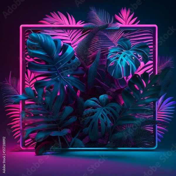 Fototapeta Blue and Pink Neon Light with Tropical Plants, Rectangle Shaped Fluorescent Frame in Exotic Environment