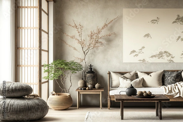 Fototapeta Japanese styled interior design for a home in white and beige tones, a living room with wabi sabi décor, a wall mockup. Generative AI