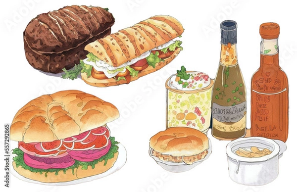Fototapeta assorted food illustration collection transparency cutout alpha in watercolor and pencil