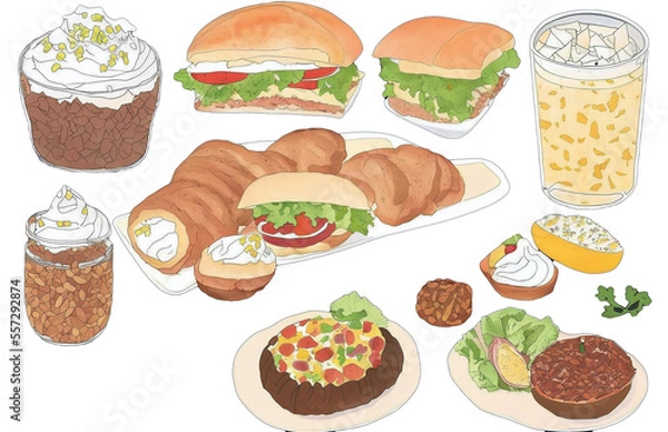 Fototapeta assorted food illustration collection transparency cutout alpha in watercolor and pencil