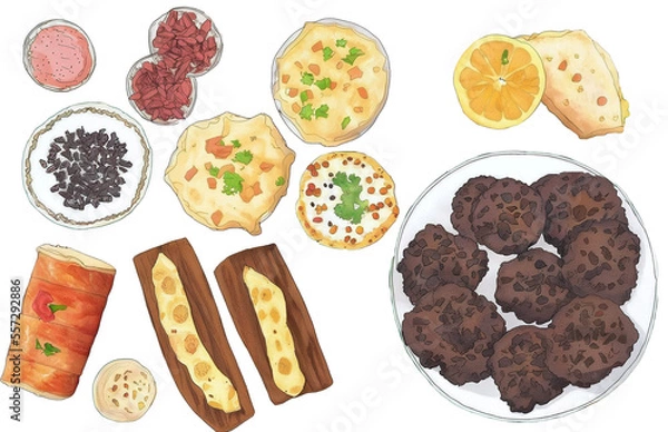 Fototapeta assorted food illustration collection transparency cutout alpha in watercolor and pencil