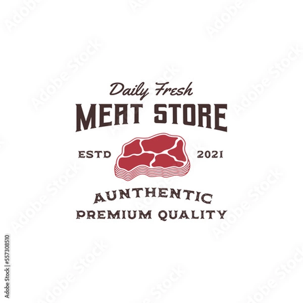 Fototapeta labels badges emblems and logo design elements for meat store or butchery market, vector vintage badge label of steak house, bistro, beef, restaurant, grilled food and cafe