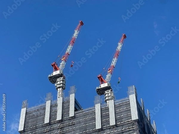 Obraz tower building, construction, architecture, crane, sky, tower, city, skyscraper, urban, site, blue, steel, business, concrete, office, structure, development, high, industry, apartment, buildings, new