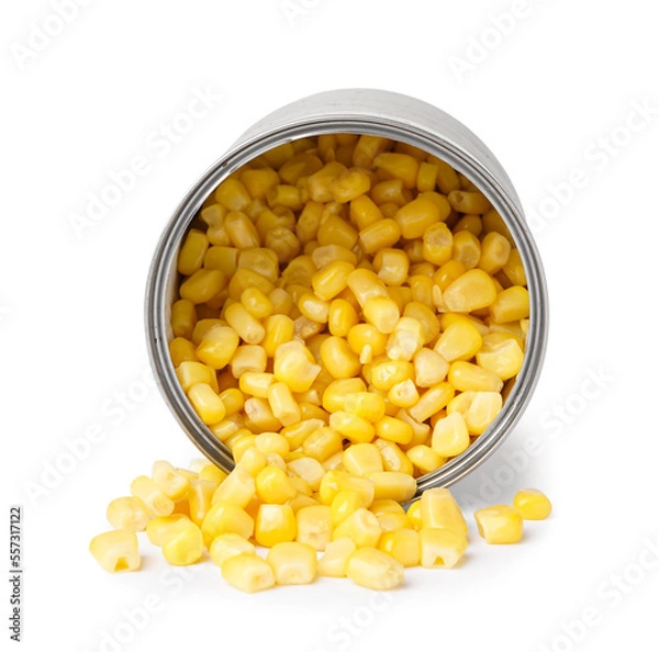 Obraz Tin can with corn isolated on white background