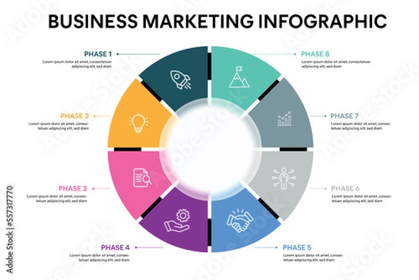 Obraz Pie chart circle infographic template with 8 options, steps, parts, segments. Business concept. marketing infographic vector illustration.