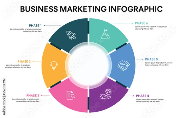 Obraz Pie chart circle infographic template with 6 options, steps, parts, segments. Business concept. marketing infographic vector illustration.