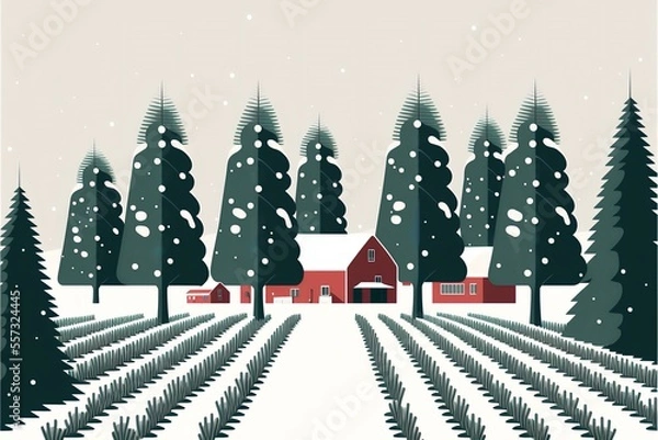 Fototapeta Christmas tree farm with rows of trees covered in snow, DIGITAL DRAWING (AI Generated)