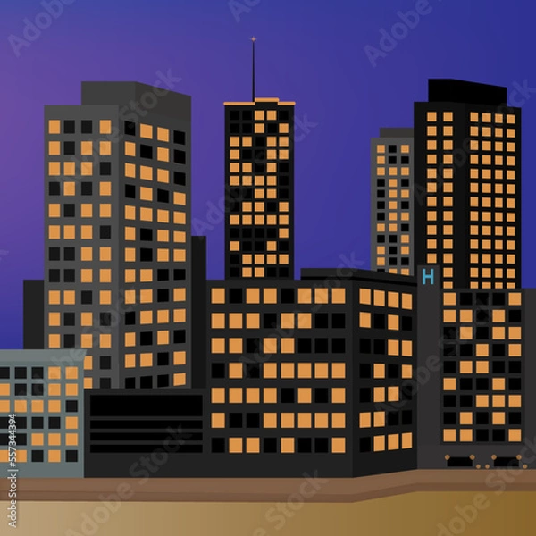 Fototapeta Vector image of a night city, high-rise multi-storey buildings. Graphic design.