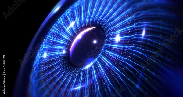Obraz Digital artificial intelligence blue human eye formed by fiber optics. Futuristic technology concept 3d Illustration render.