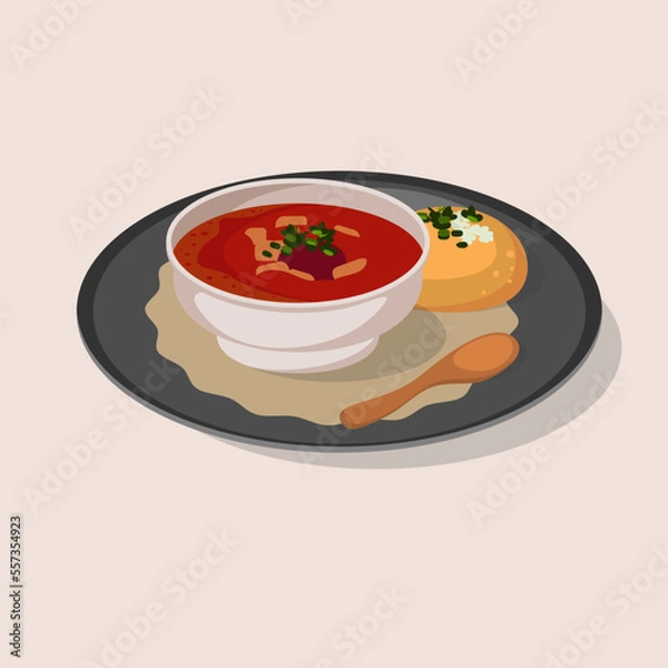 Fototapeta Borsch or red soup with fresh bread, garlic and parsley. Cartoon vector illustration.