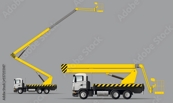 Obraz A set of vector images of a vehicle with an air basket for work at height in the transport and working positions.