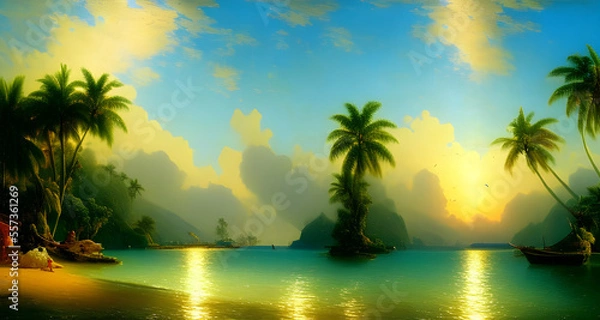 Fototapeta tropical sunset with palm trees. generative ai
